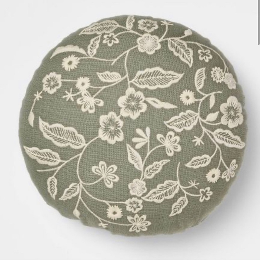 14" Round Pillow Embroidered Floral Army Green/Cream - Threshold Studio McGee
